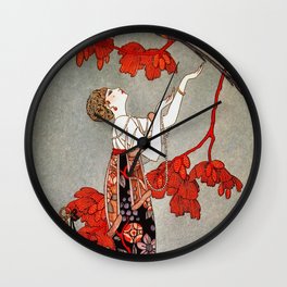 Red Mimosa & Flying Bird, Art Deco Roaring Twenties female portrait painting by George Barbier Wall Clock