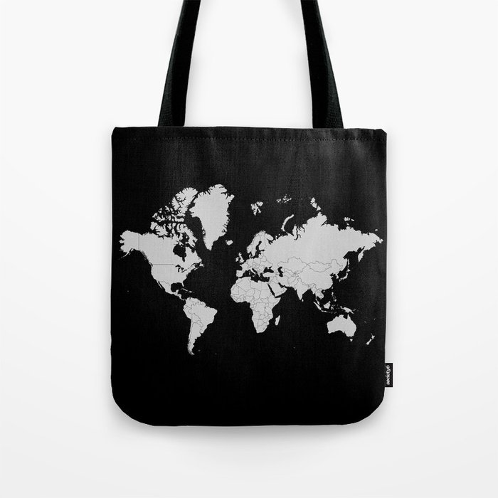 Minimalist World Map Gray on Black Background Tote Bag