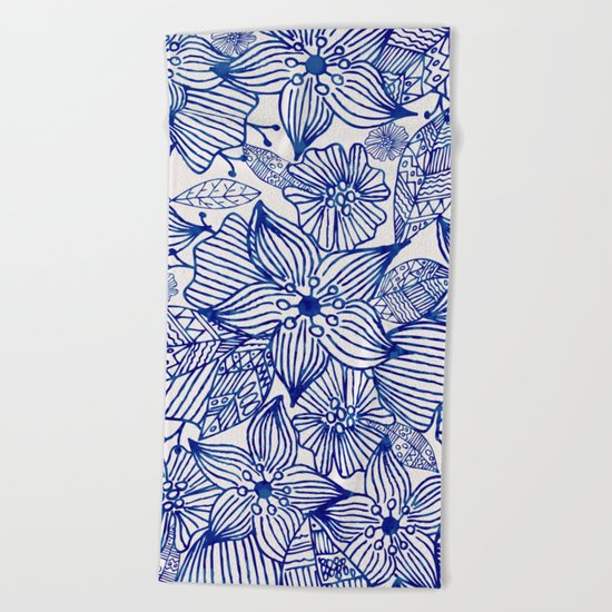 Hand painted royal blue white watercolor floral illustration Beach Towel