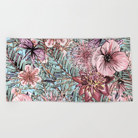 Tropical Pastel Pink Flower Hibiscus Garden on #Society6 Beach Towel