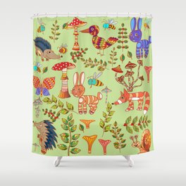 Picture of the forest life. Flora and fauna. Vintage illustration.  Shower Curtain