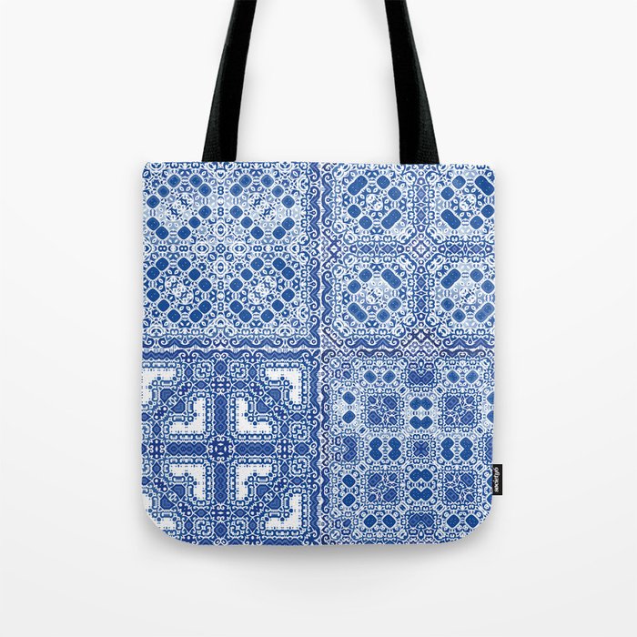 Traditional ornate portuguese azulejos. Fashionable design. Kit of vintage seamless patterns. Blue abstract background Tote Bag