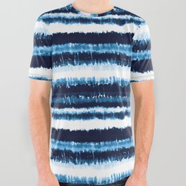 Watercolor Tiedye Ombre Indigo Shibori Stripes. Summer Ocean Blue or Navy Nautical Boy Theme All Over Graphic Tee