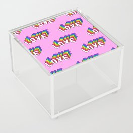 Seamless pattern with words “Love” isolated on pink background. Text patches wallpaper. Quirky funny cartoon comic style of 80-90s. Acrylic Box