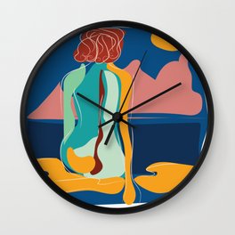 Dreamer girl portrait with scene intense colors Wall Clock | Soft, Warmcolors, Gray, Love, Beauty, Redguava, Selflove, Modernism, Contemporary, Drawing 
