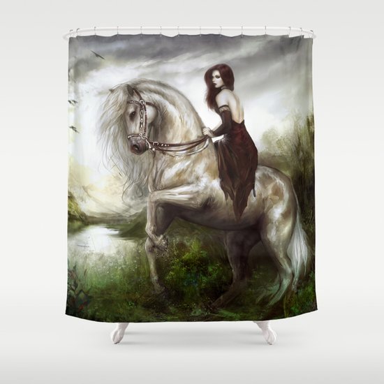 Morning welcome - Royal redead girl riding a white horse Shower Curtain