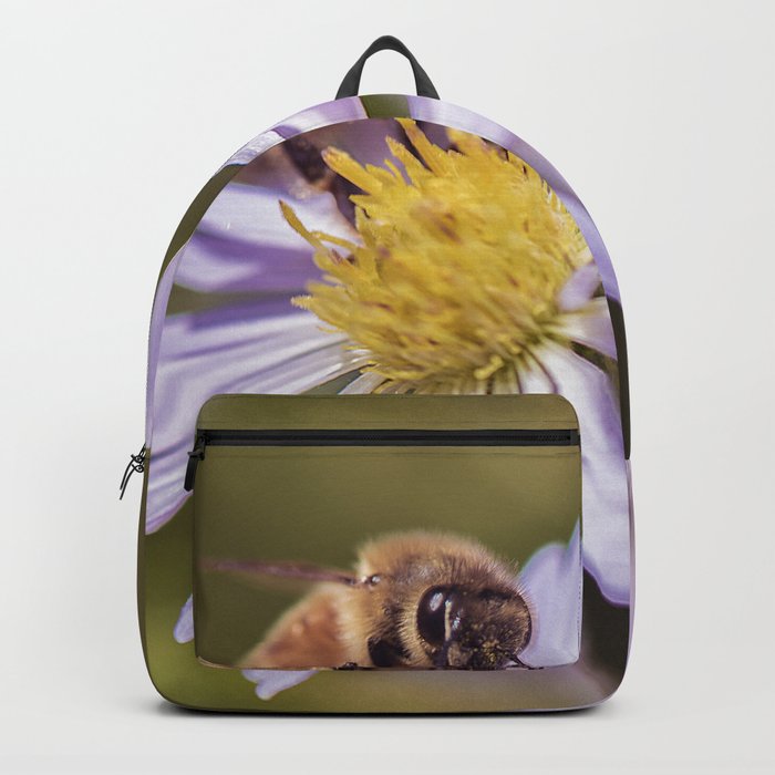 Honey bee on a blue wood aster Backpack