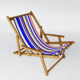[ Thumbnail: Pale Goldenrod, White, Blue, Dark Salmon, and Dark Blue Colored Pattern of Stripes Sling Chair ]