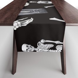 Creepy skull seamless pattern. Watercolor spooky Halloween illustration. Dead men, skeleton, coffin on black background. Design in vintage goth style.  Table Runner