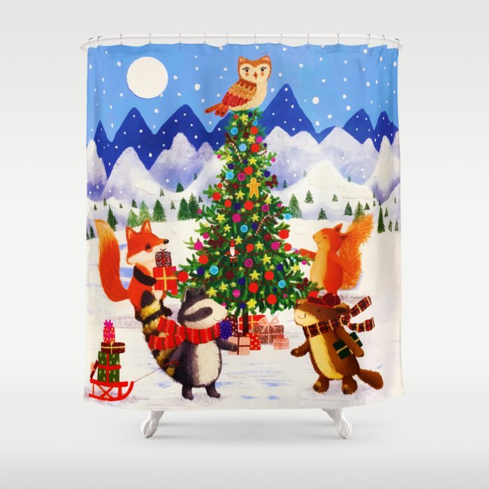Festive Christmas Mountain Woodland Animal Family Shower Curtain