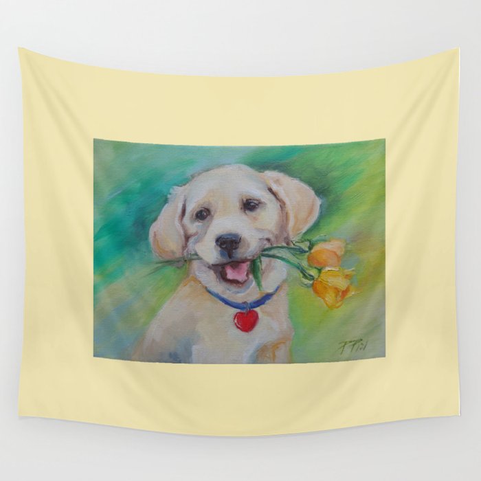Valentine's Day gift Cute Labrador puppy with flower and heart Wall Tapestry