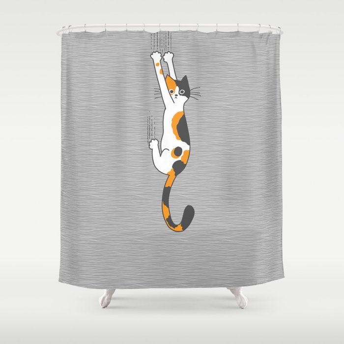 Calico Cat Hanging On Shower Curtain