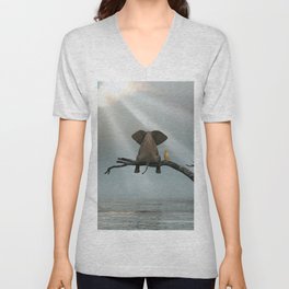 elephant and dog sit on a tree during a flood V Neck T Shirt