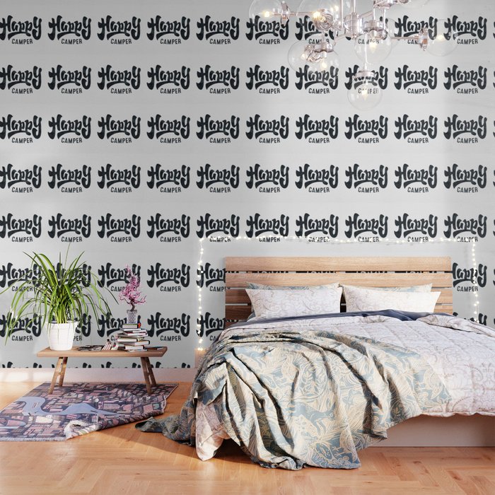 Happy Camper Black And White Retro Wallpaper