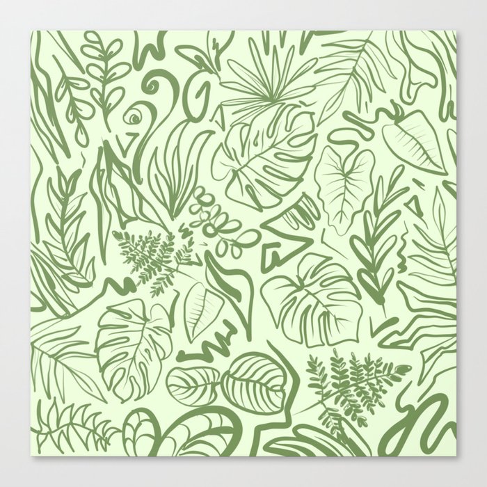 Sage Green Monochrome Leaves Canvas Print