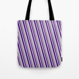 [ Thumbnail: Indigo and Grey Colored Pattern of Stripes Tote Bag ]