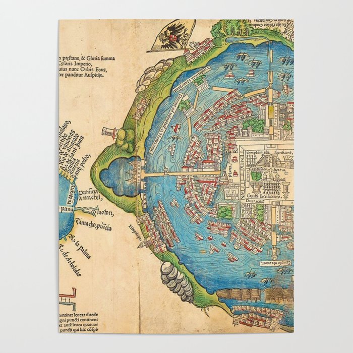 1524 Ancient Aztec City of Tenochtitlan Aerial Mexico Map Poster
