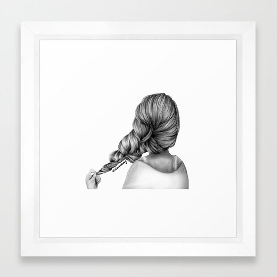 Girl Holding Hair Braid Pencil Drawing Framed Art Print By