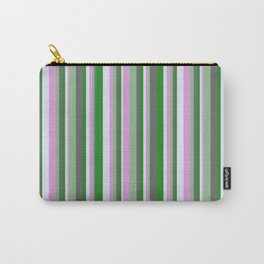 [ Thumbnail: Vibrant Forest Green, Dim Grey, Dark Sea Green, Plum, and Lavender Colored Lined/Striped Pattern Carry-All Pouch ]