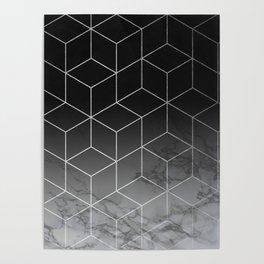 Silver Geometric Cubes Trendy White Grey Marble Poster