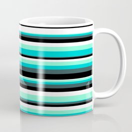 [ Thumbnail: Eyecatching Aquamarine, Dark Turquoise, Dark Slate Gray, Black, and White Colored Stripes Pattern Coffee Mug ]