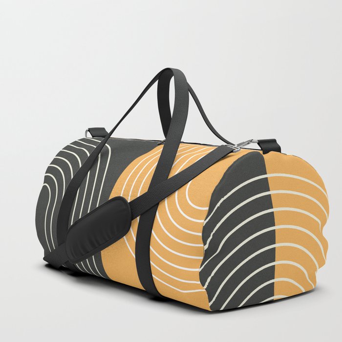 Abstract Geometric Rainbow Lines 20 in Black and Gold Duffle Bag