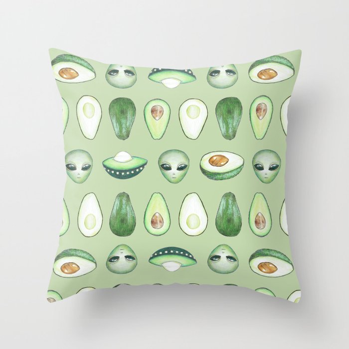Avocados and aliens pattern Throw Pillow
