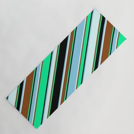 [ Thumbnail: Vibrant Green, Black, Sky Blue, Light Cyan & Brown Colored Lined/Striped Pattern Yoga Mat ]