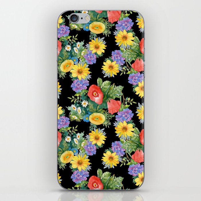 Summertime garden flowers watercolor seamless pattern on black background. Beautiful hand drawn texture. Romantic background iPhone Skin