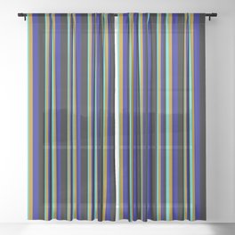 [ Thumbnail: Turquoise, Dark Goldenrod, Dark Blue & Black Colored Stripes Pattern Sheer Curtain ]