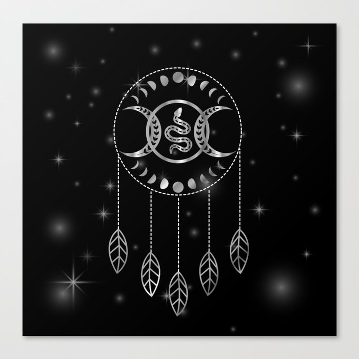 Magic and mystical snake dreamcatcher mandala with moon phases and stars in silver	 Canvas Print