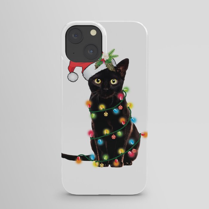 Santa Black Cat Tangled Up In Lights Christmas Santa Graphic iPhone Case