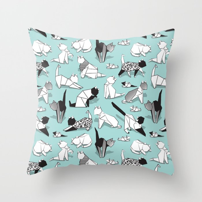 Origami kitten friends // aqua background paper cats Throw Pillow