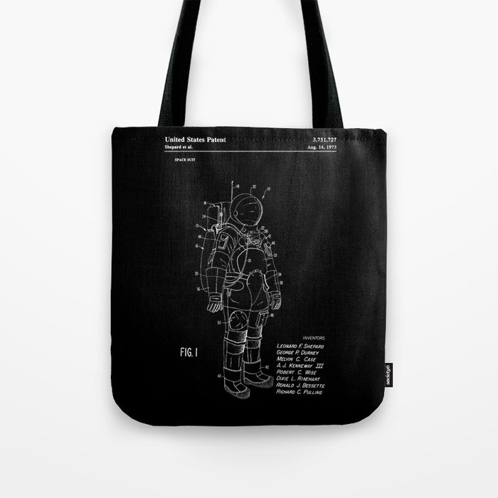 NASA Space Suit Patent - White on Black Tote Bag