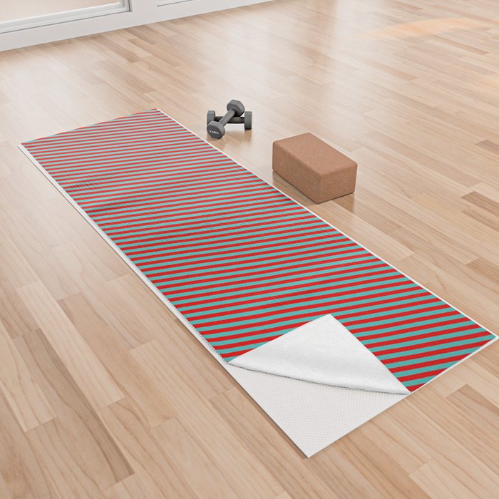 Turquoise and Red Colored Pattern of Stripes Yoga Towel