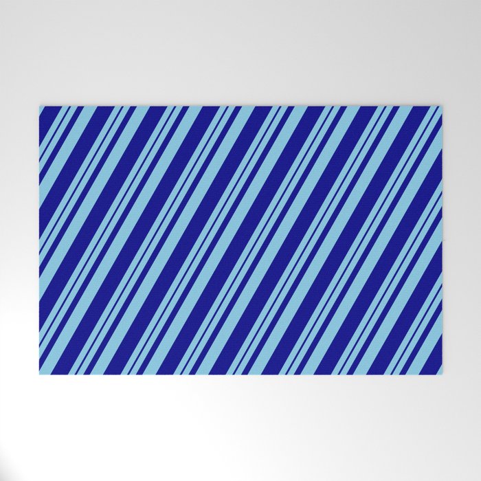Sky Blue and Dark Blue Colored Stripes Pattern Welcome Mat