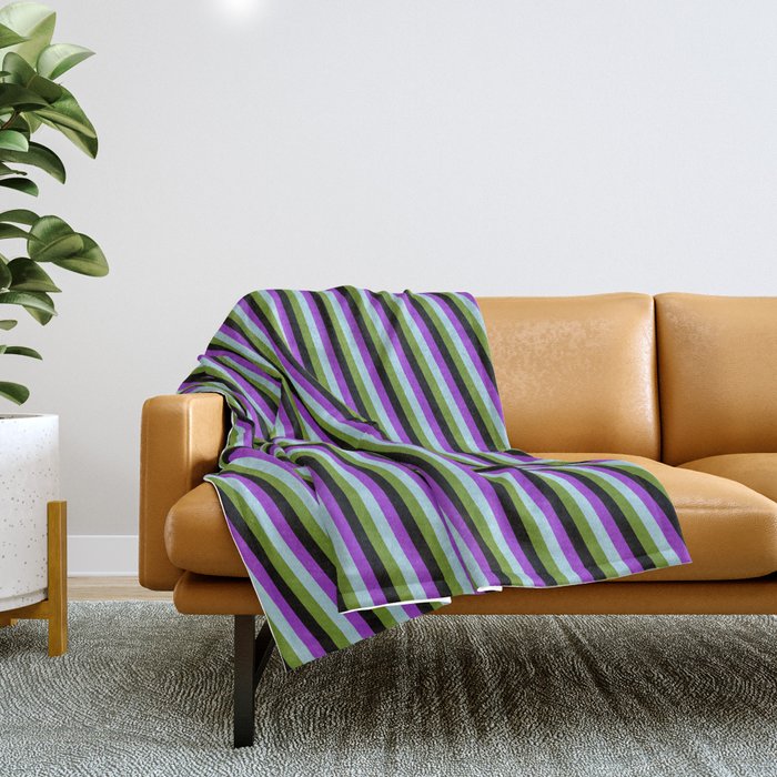 Dark Orchid, Light Blue, Green, and Black Colored Lines Pattern Throw Blanket