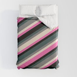 [ Thumbnail: Eye-catching Dark Slate Gray, Grey, Beige, Hot Pink, and Black Colored Lined/Striped Pattern Duvet Cover ]