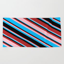 [ Thumbnail: Red, Pink, Deep Sky Blue, and Black Colored Stripes/Lines Pattern Beach Towel ]