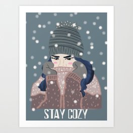 Stay Cozy  Art Print | Artic, Gray, Snow, Snowy, Icy, Cool, Freeze, Snow White, Cozy, Drawing 