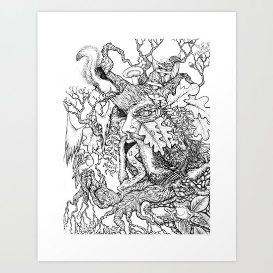 The Green Man Black White Drawing Art Print By Keyesay S Visual Art And Products Society6