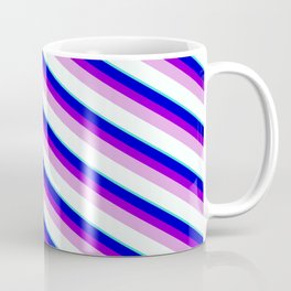 [ Thumbnail: Blue, Dark Violet, Plum, Mint Cream & Turquoise Colored Stripes/Lines Pattern Coffee Mug ]
