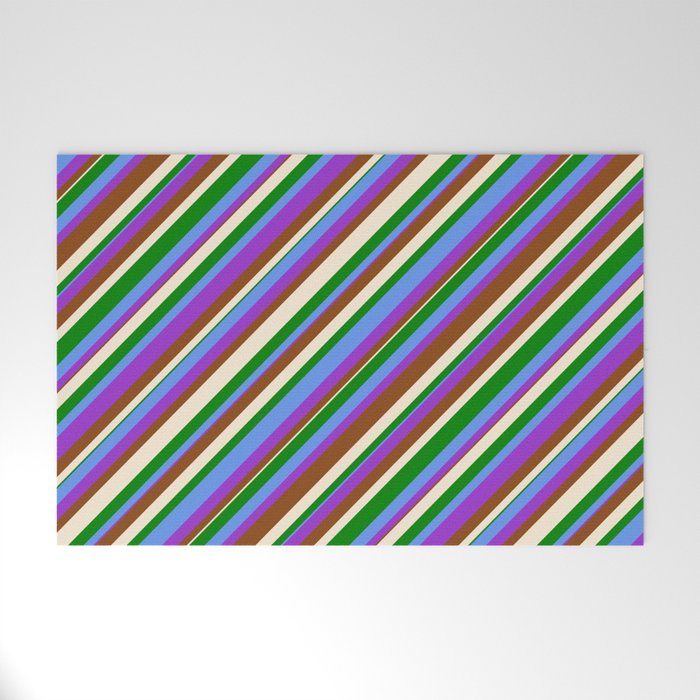 Colorful Cornflower Blue, Dark Orchid, Brown, Beige & Green Colored Lined/Striped Pattern Welcome Mat