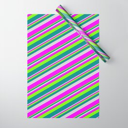 [ Thumbnail: Light Grey, Fuchsia, Green, and Dark Cyan Colored Lines/Stripes Pattern Wrapping Paper ]