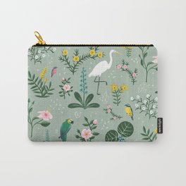 "Tropical Birds and Flowers" on Sage Green by Bex Morley Carry-All Pouch