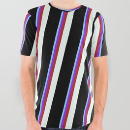 [ Thumbnail: Light Sky Blue, Purple, Red, Mint Cream, and Black Colored Lined/Striped Pattern All Over Graphic Tee ]