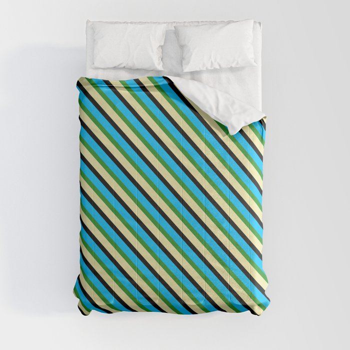 Deep Sky Blue, Forest Green, Pale Goldenrod & Black Colored Lines/Stripes Pattern Comforter