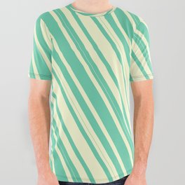 [ Thumbnail: Light Yellow & Aquamarine Colored Lined Pattern All Over Graphic Tee ]