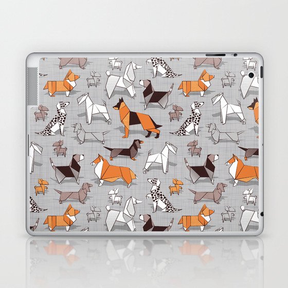 Origami doggie friends // grey linen texture background Laptop & iPad Skin