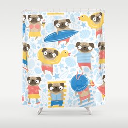 Cute pugs on vacation. pattern with cartoon pug on the beach. Adorable dogs in summer clothes. Kids pattern with pugs eating ice cream,skating,surfing,laying on the beach,sunbathing.  Shower Curtain